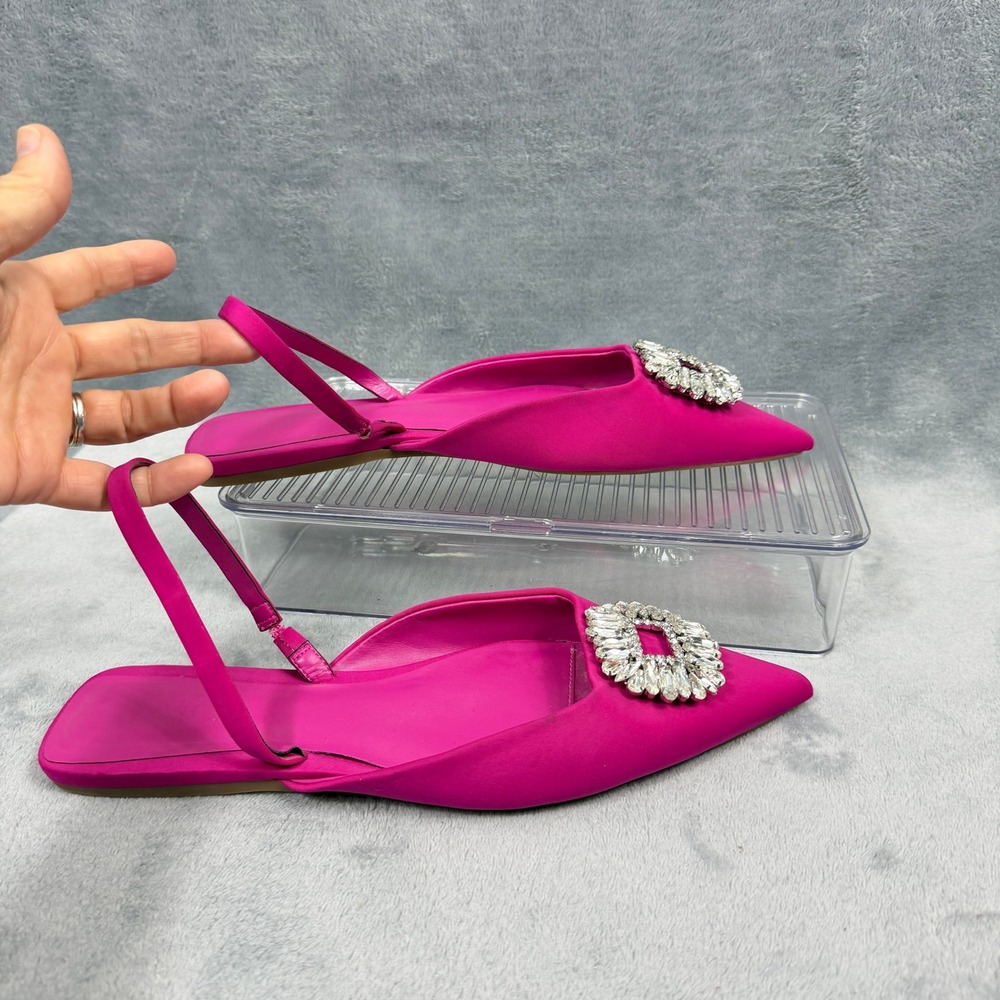 INC Womens 9 Pink Flat Slingback Pointed Toe Crystal Buckle Coquette Satin Look